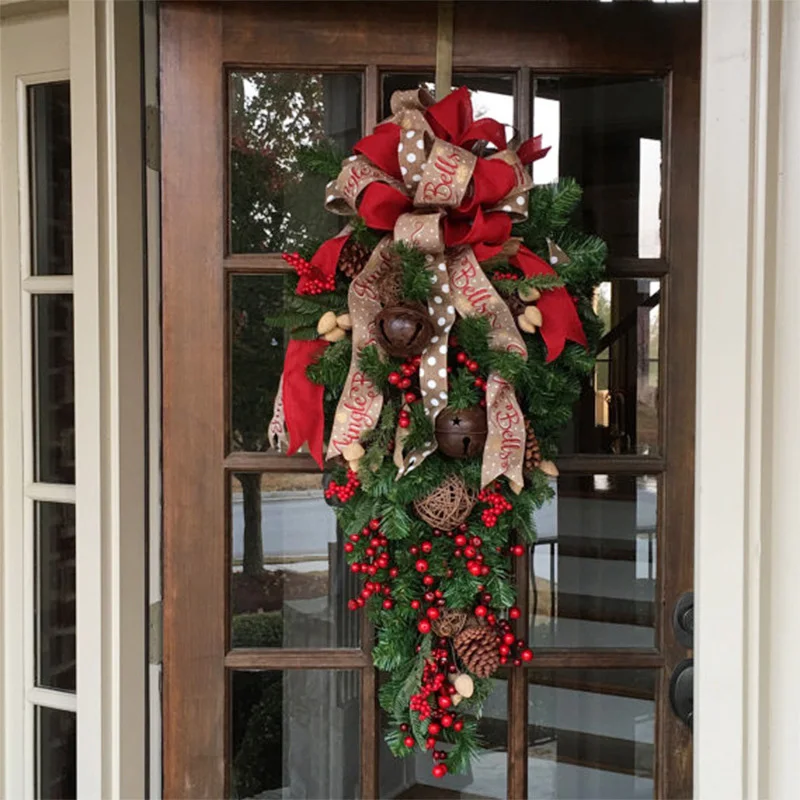 Corona Roja con cintas, &aacute;rboles de pino, bayas, Vintage, decoraciones navide&ntilde;as, guirnalda para puerta y ventana-3