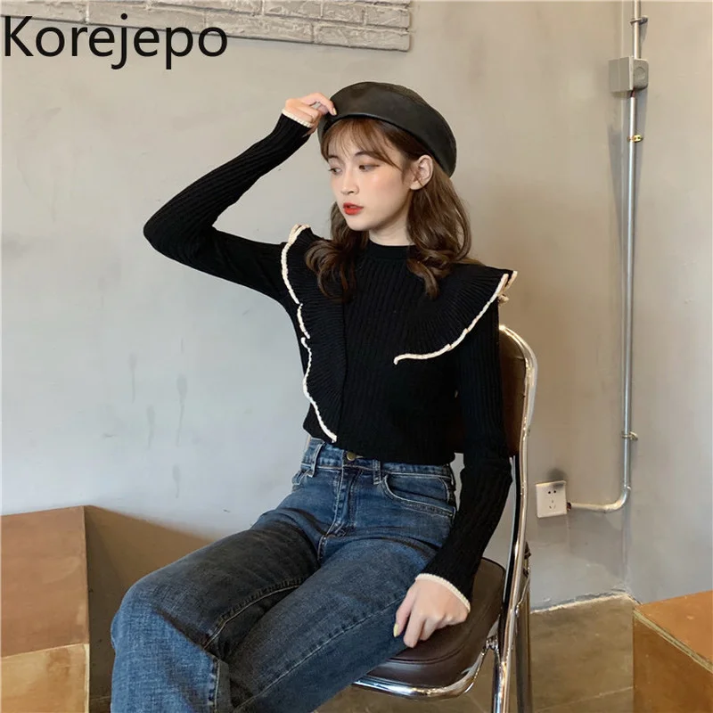

Korejepo Women Knitted Shirt 2021 Autumn Winter New Korean Chic Retro Gentle Ruffles Long Sleeve Sweater Slim Stitching Pullover