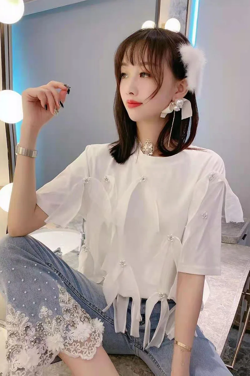 

Sweet T-shirt Women's 2021 Summer Short-Sleeved Tee Heavy Industry Beads Ribbon Bowknot Elegant Tshirt Young Girl Fashion Tops