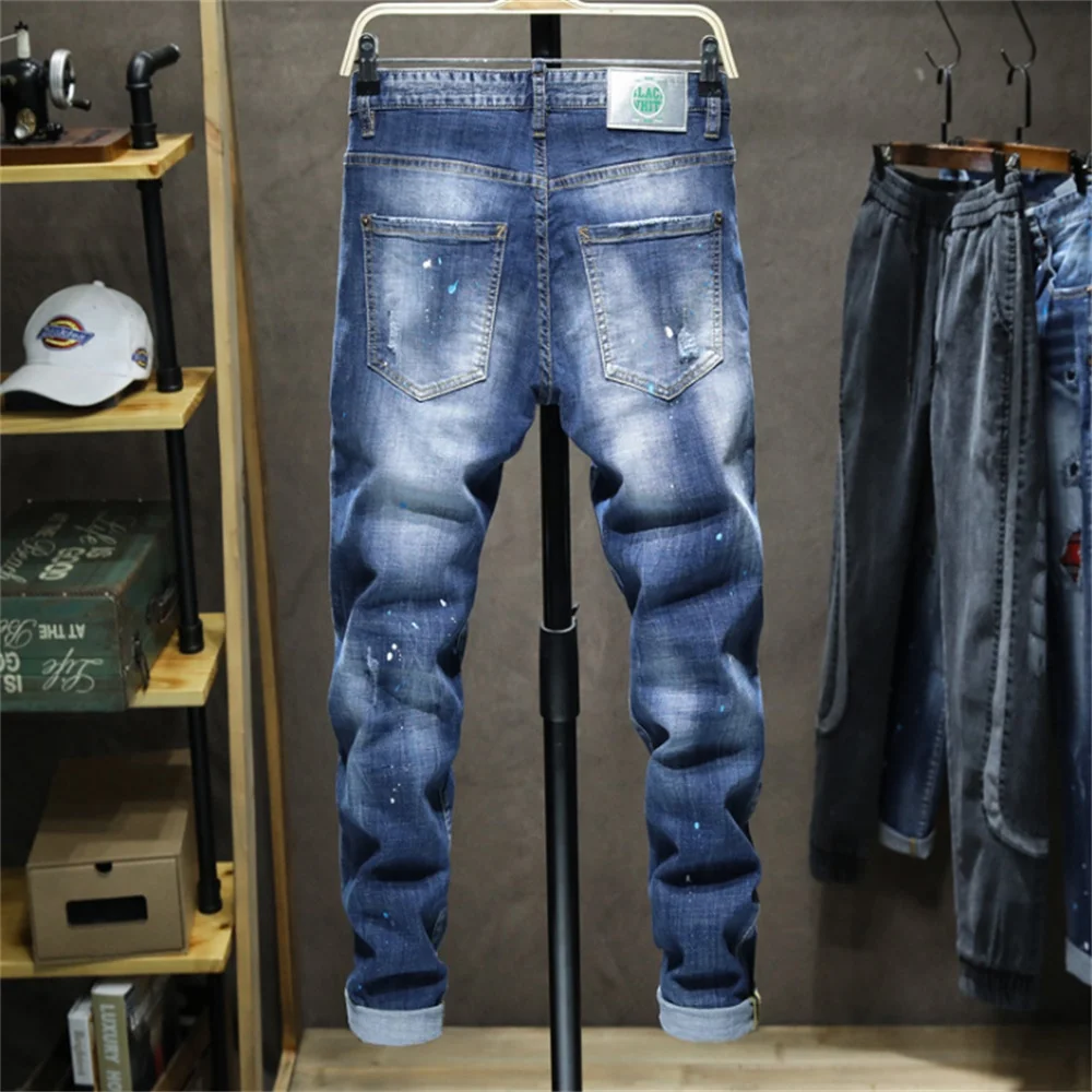 EH·MD® Ripped Plaid Lined Jeans Men's Inkjet White Paint Dots Soft Fabric Casual Loose Cotton Elastic Pants Badge Red Ear 2021