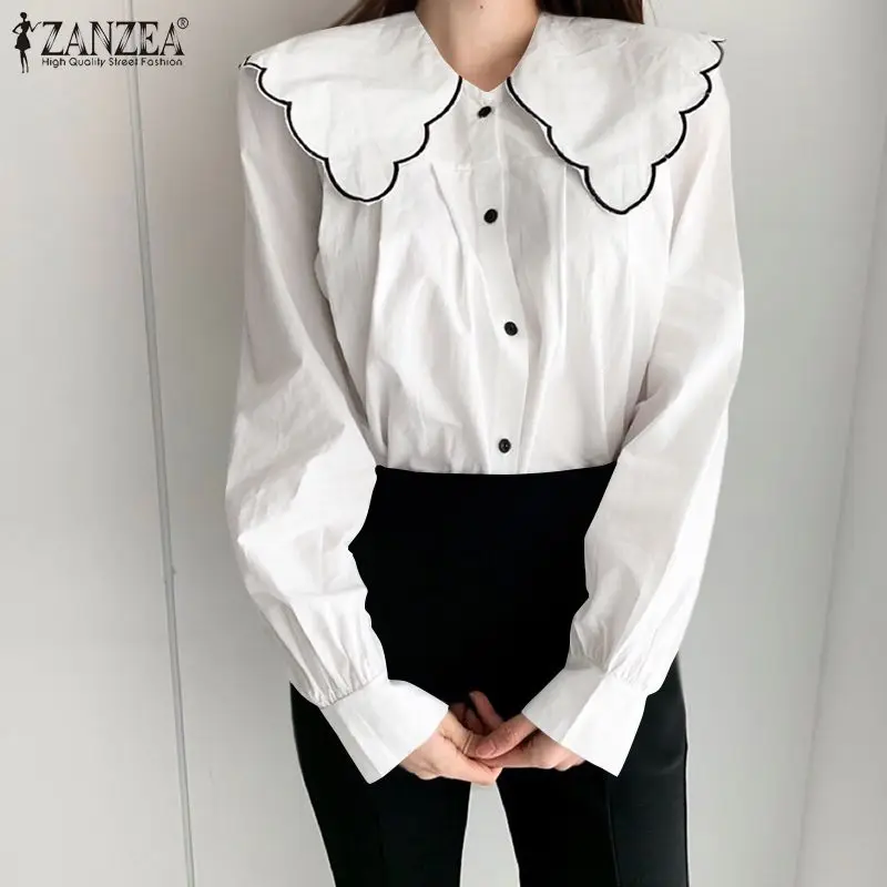

Винтажные женские рубашки ZANZEA 2021, летние офисные женские топы с пышными рукавами, повседневные однотонные свободные женские блузы большого...
