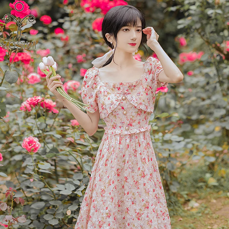 

Женское винтажное длинное платье YOSIMI, розовое платье с вышивкой и квадратным вырезом, вечернее праздничное платье до середины икры с коротк...