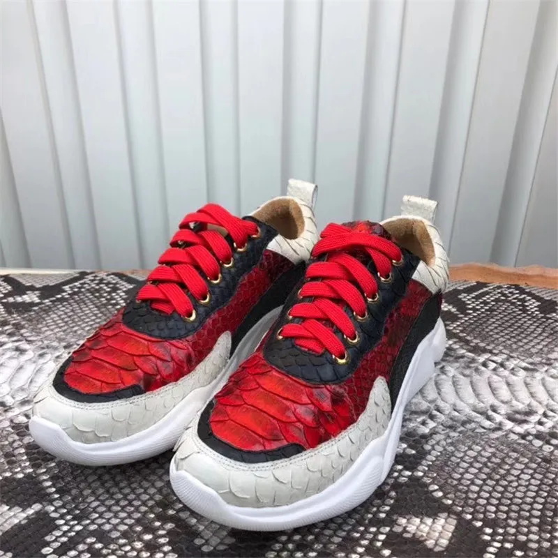 

Authentic Snakeskin Foaming Light Sole Unisex Men Women Red Sneakers Genuine Python Leather Male Lace-up Outdoor Leisure Shoes