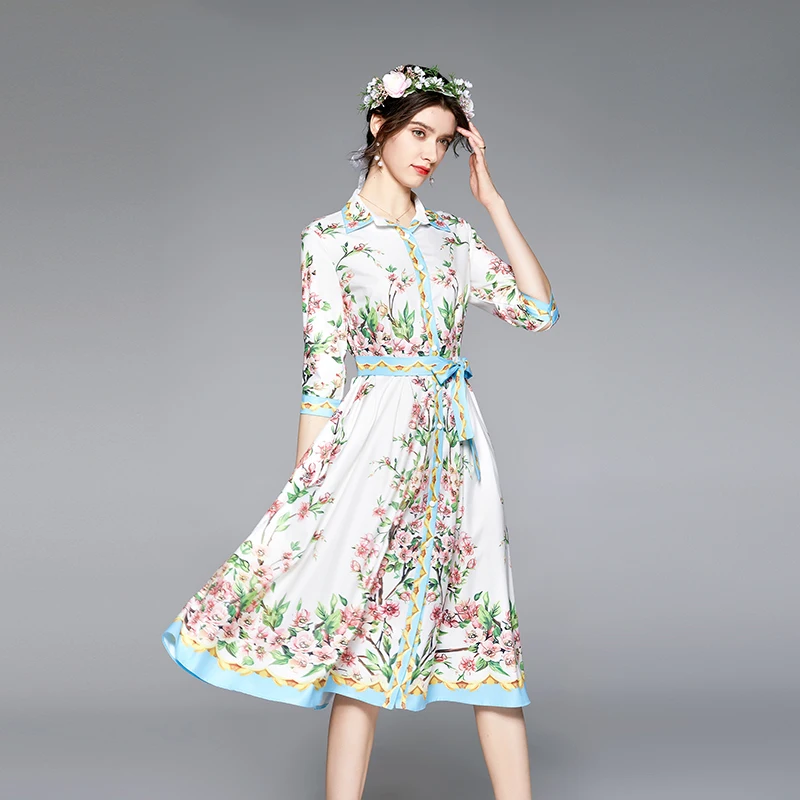 

JSXDHK New Arrival Summer 3/4 Sleeve Dress Vintage Runway Women Turn Down Collar Flower Print Lace Up Belt Midi Dress Vestidos