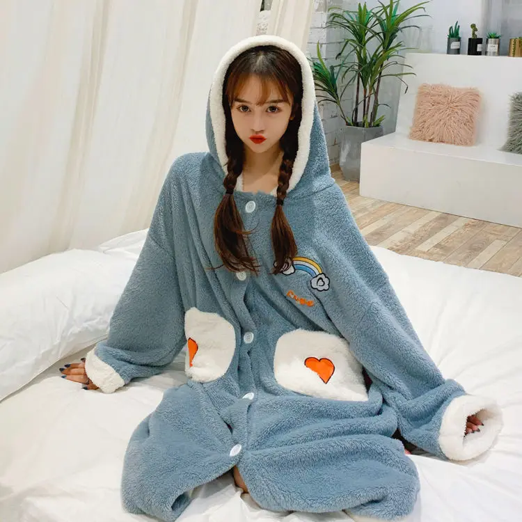 Халат женский фланелевый с капюшоном теплый синий халат-кимоно карманами мягкая