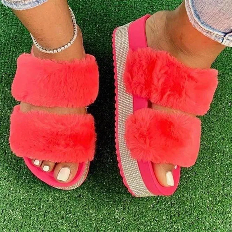 

2020 Women Furry Slippers Summer Home Fluffy Sandals Ladies Shoes Women's Fur Slippers Winter Warm Slippers Women Hot