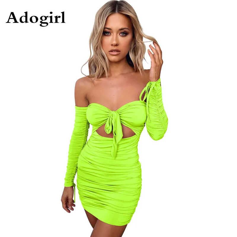 Однотонное Платье миди с рюшами открытыми плечами и длинным рукавом|Женские