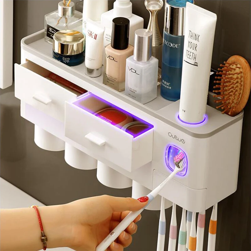

Toothbrush Holder Bathroom Accessories Set Wall Mount Storage Rack Toiletries Storage Toothpaste Dispenser With Cup