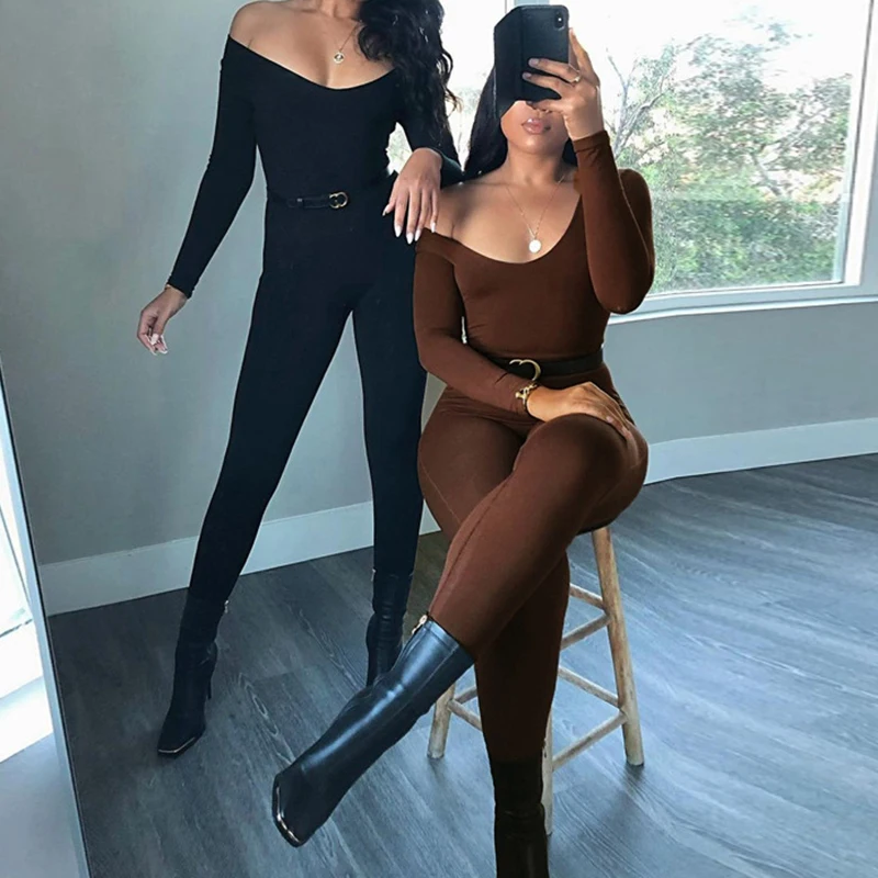 

OMSJ Solid Color Sexy Streetwear Jumpsuit Ladies Long Sleeve Bodycon U Neck Rompers Overalls For Women 3 Colors 2020 Fall Winter