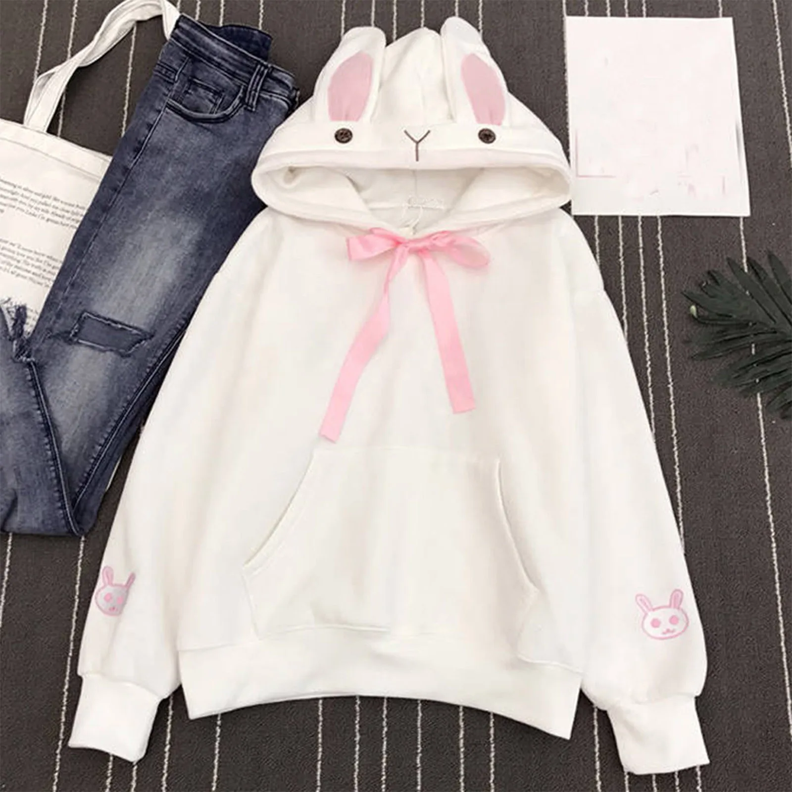 Sweatshirt For Women Print Autumn Korean Style Fashion Hoodies Kawaii Oversized Hooded Rabbit Ears Long Sleeve Loose Tops