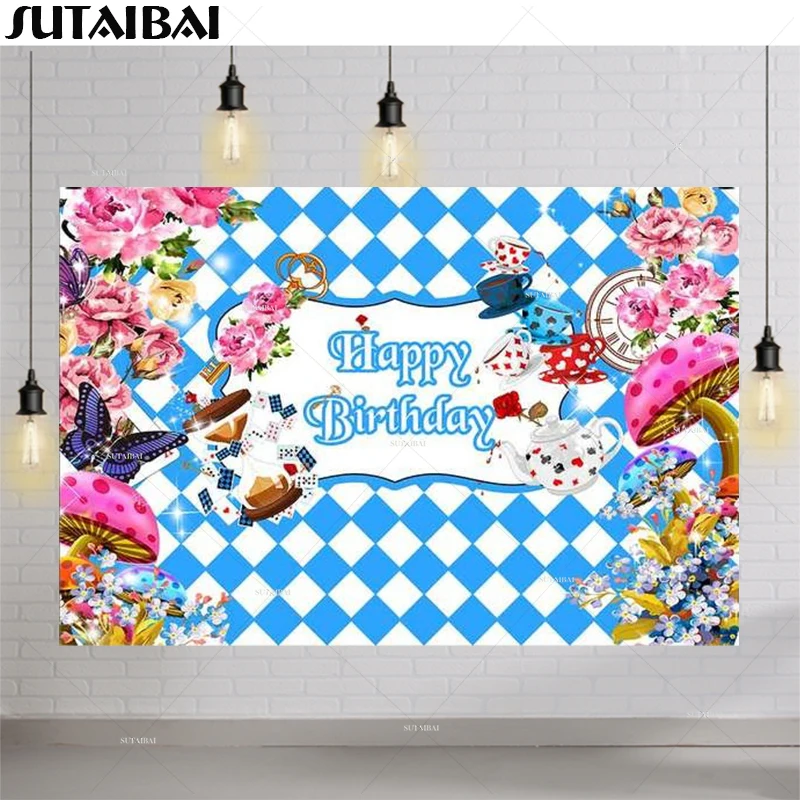 

Фоны для фотосъемки с изображением чайной вечеринки детский день рождения фантазия Страна Чудес волшебный гриб Бабочка цветы украшение де...