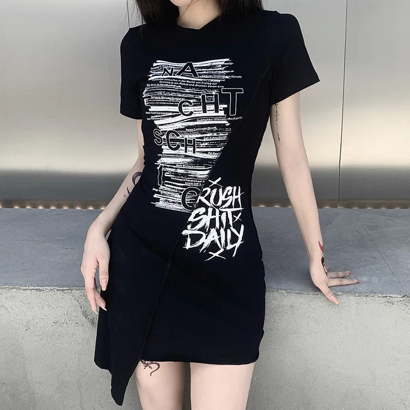 

2021 Summer Short-sleeved Irregular Dress Girls Street Wild Dark Fashion Trend Garbled Letters Graffiti Bag Hip Gothic Skirt