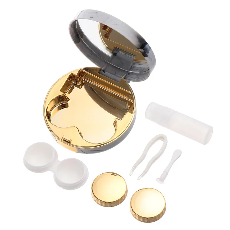 

Travel Contact Lens Container Contact Lens Case Women Round Shape Plastic + Soft Rubber Contact Lenses Box Marble