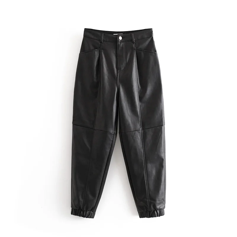 Женские брюки карандаш из ПУ кожи с завышенной талией|Брюки| |