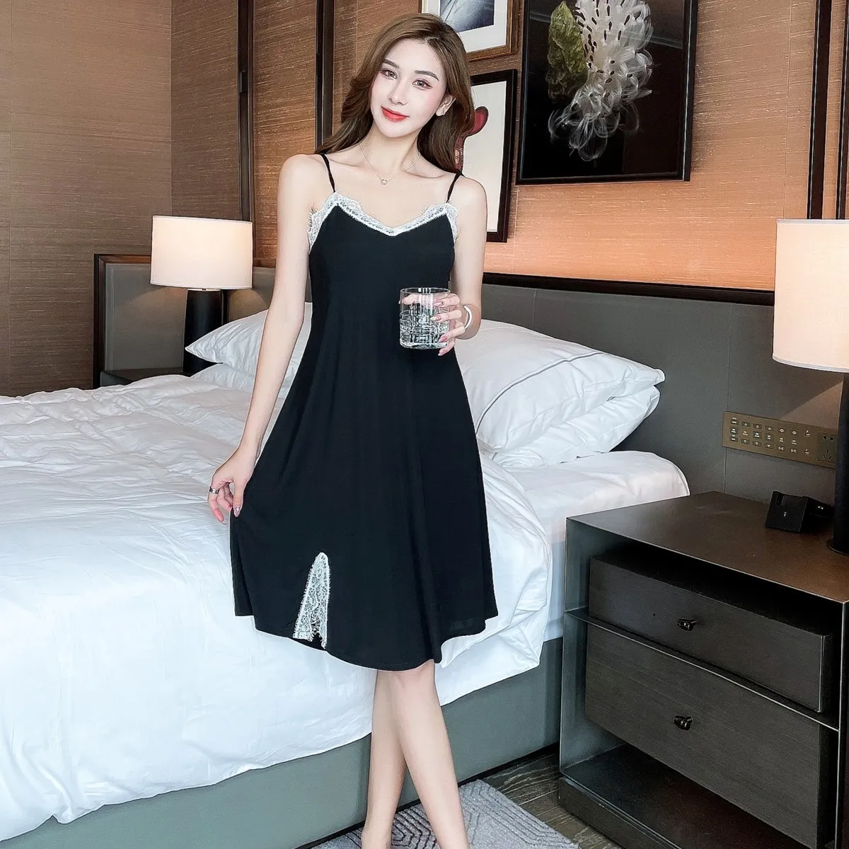 Ice Pit Strip Sleeping Dress Women's Nightdress Summer Sexy Nightgown Lace Edge Sling Split Skirt with Breast Pad Home Wear