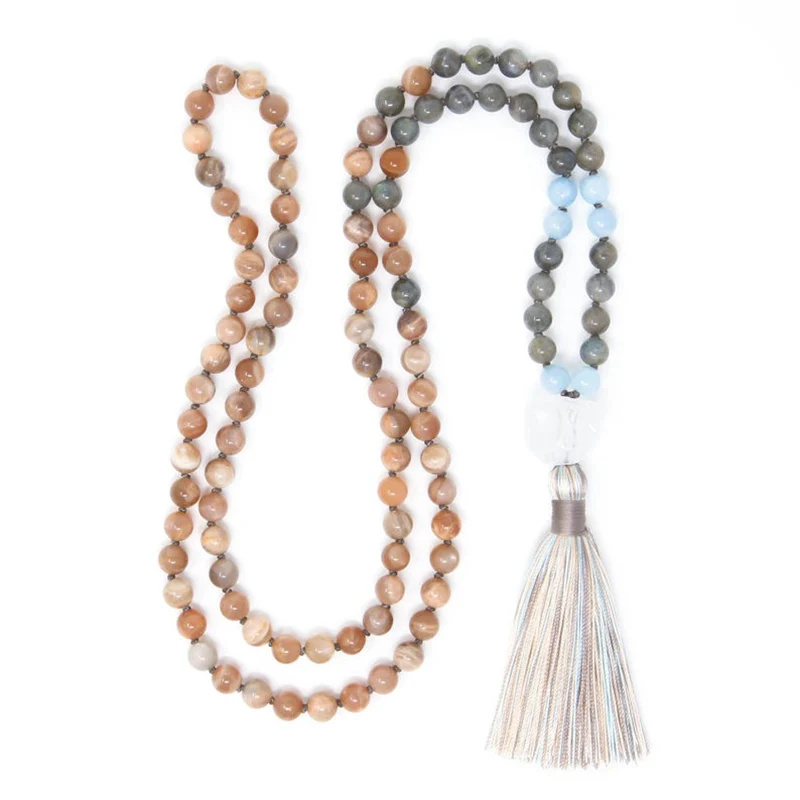 8 мм Sunstone & Labradorite Mala ожерелье 108 бусы с узелками духовные ювелирные изделия сырье Q