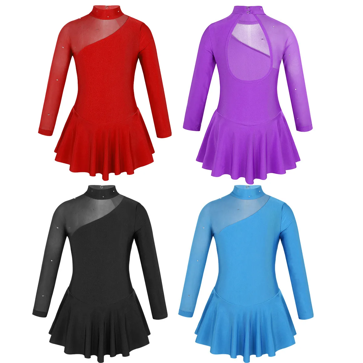 Kids Girls Rhinestone Tulle Splice Long Sleeve Figure Ice Skating Dress Child Ballet Gymnastics Leotard Lyrical Dance Costumes | Детская