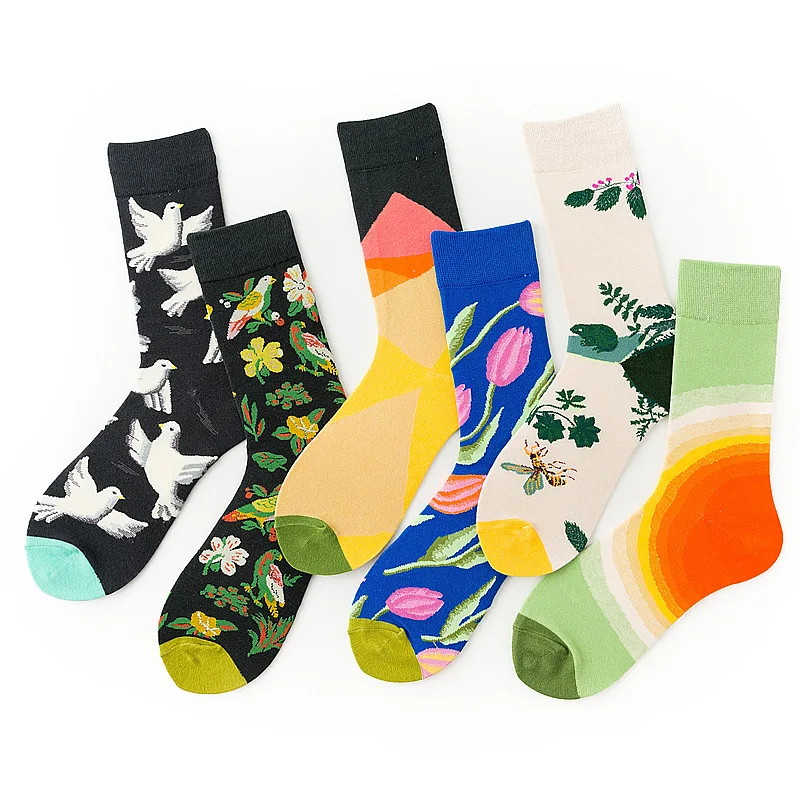 Сезон осень-зима женские смешные мужские носки с цветочным принтом в виде птиц