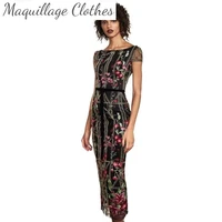 europe womens high quality floral embroidered mesh dress 2021 summer runways elegant black dress b671
