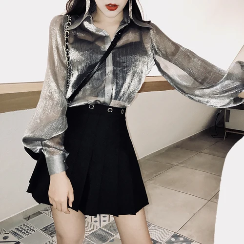 

2022 Brand New Women Shirts Transparent Silver Grey Chiffon Blouse Lantern Sleeve Summer Tops Blusa Mujer Chemises Femme