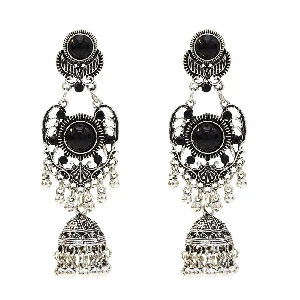 Black Большие винтажные серебряные серьги jhumka для женщин Boho синие Черные Каменные колокольчики кисточкой Висячие серьги Афган индийские массивные ювелирные изделия - Окраска металла: Black