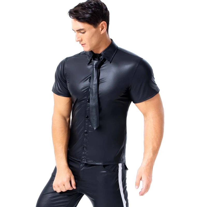 Мужская футболка из искусственной кожи Wetlook Сексуальная латекса для фитнеса геев