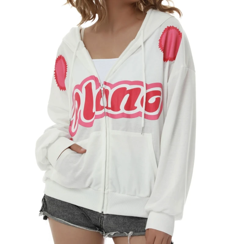 

Дышащая верхняя одежда для девочек с длинным рукавом, Дамская креативная толстовка на молнии с буквенным принтом, пальто, повседневный Свободный кардиган с капюшоном