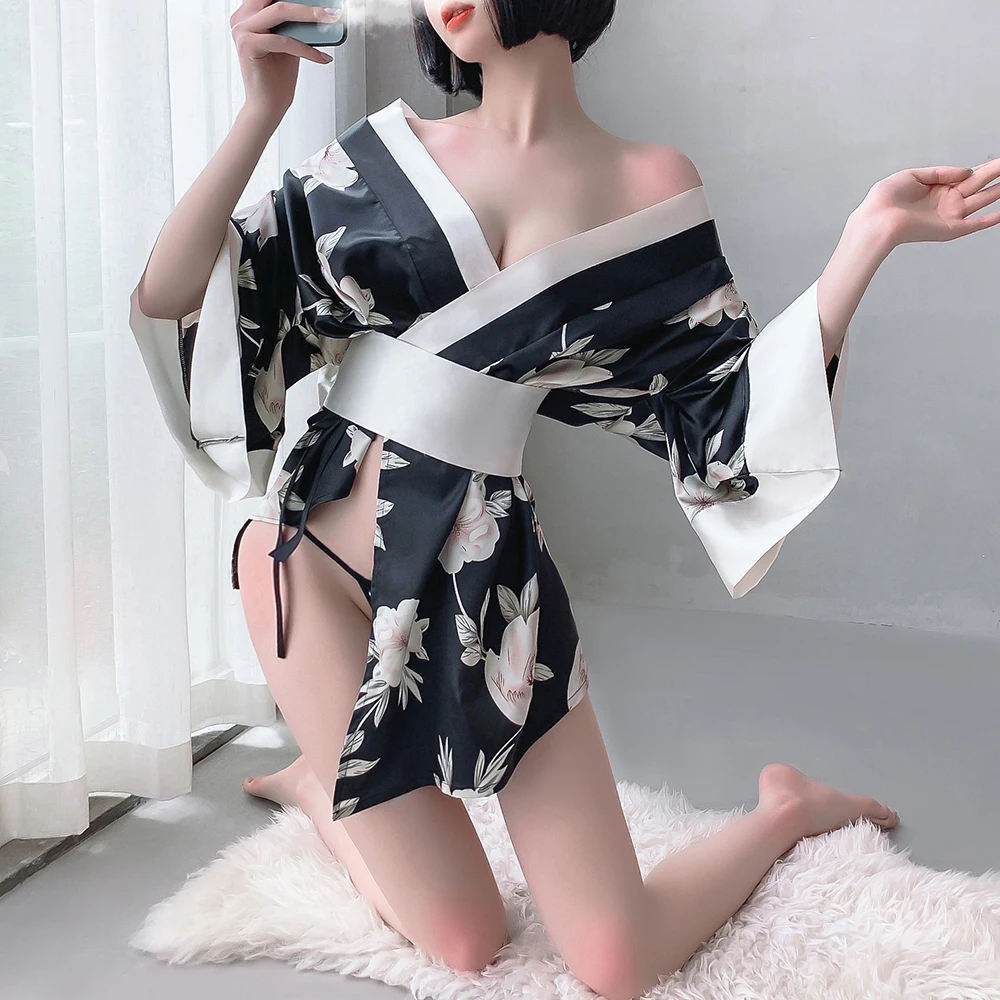 

Print Silk Japanese Kimono Dress Cosplay For Women Sleepwear Yukata Uniform Robe Floral Bathrobe Sexy Pajamas Japan Clothing