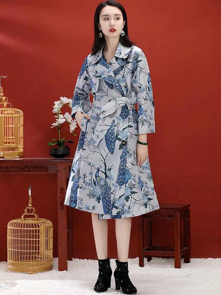 

Coat XXL Long Trench 2021 Autumn Winter Fashion Outerwear Coats Women Vintage Jacquard Print Adjustable Belt Casual Overcoats