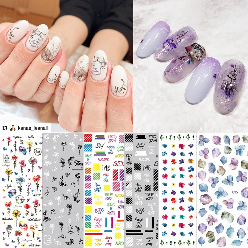 

Nail Stickers Decals Water Sliders Paper Black White Letters Printing Design Colored Flowers Foil Manicures Wraps Decorations