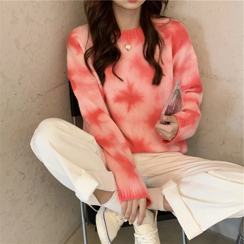 

Autumn/Winter Fashion Sweater Green White Tie Dye Knit Sweater Women's Winter Street Wear Oversized Pullover Women's Fashion