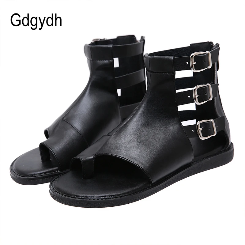 

Gdgydh Retro Vintage Flat Sandals Summer Women Roman Style Fashion Buckle Summer Shoes Open Toe Back Zipper Black Leather 2021