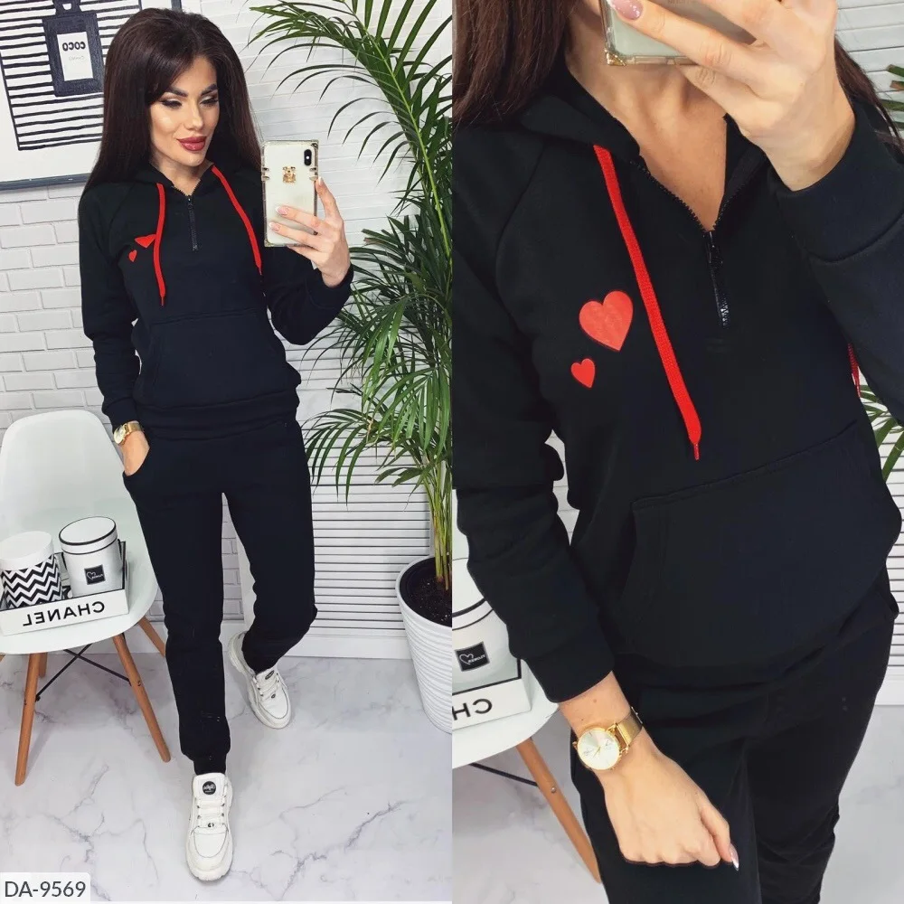 

Fashion Women's Suit Fleece Knitted Casual Hooded Collar Pullover Heart Print Regular Trousers Sports Two-piece Suit Donsignet