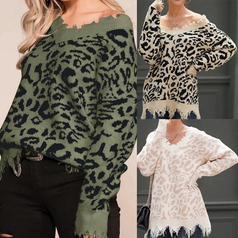

Winter Sweater Women Leopard Print Ripped Sweater V Neck Knit Pullover Jumper Top Winter Clothes