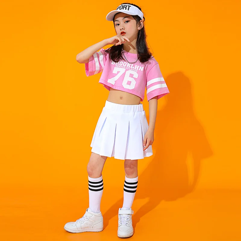 

Kids Girls Cheerleader Dance Clothes Short Sleeve Pink Tops Skirts Practice Outfit Hip Hop Costume Jazz Performance Wear BL6335