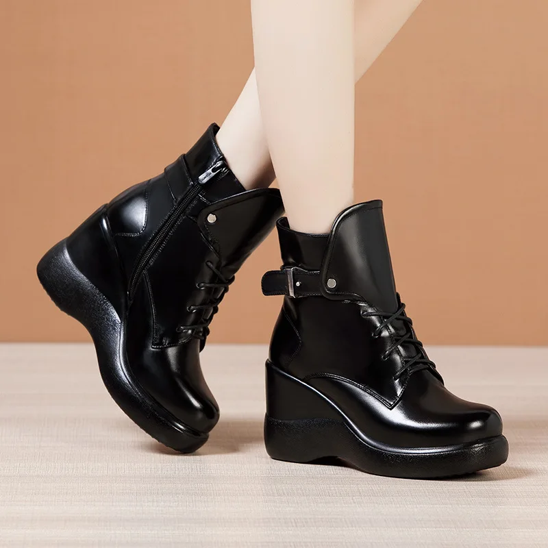 

Size (32-43) Wedge Shoes 2021 Women Ankle Boots High Heels Buckle Black Genuine Leather Shoes Platform Shoes Snow Winter Boots