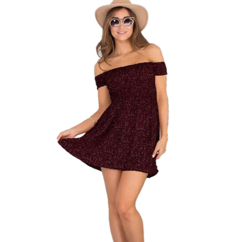 8015 Red Wine Женское короткое платье с цветочным принтом, Сексуальное Тонкое элегантное пляжное платье, модное летнее платье с открытыми плечами, вечерние платья с коротким рукавом, Vestido - Цвет: 8015 Red Wine