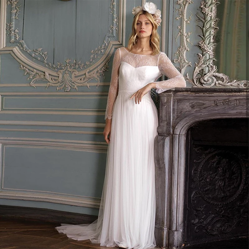 MoonlightShadow Simple Wedding Dresses A-Line O-Neck Full Sleeves Tulle Lace Appliques Elegant Bridal Gowns Robe De Mariée