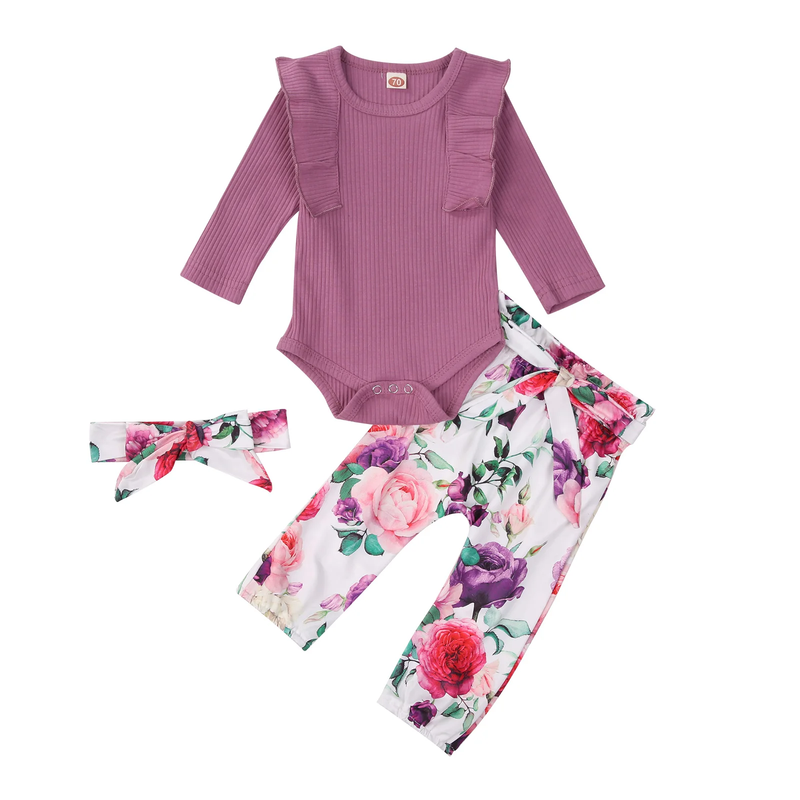 

Комплект из 3 предметов для маленьких девочек, комбинезон с длинным рукавом + штаны с цветочным принтом + комплект с повязкой на голову