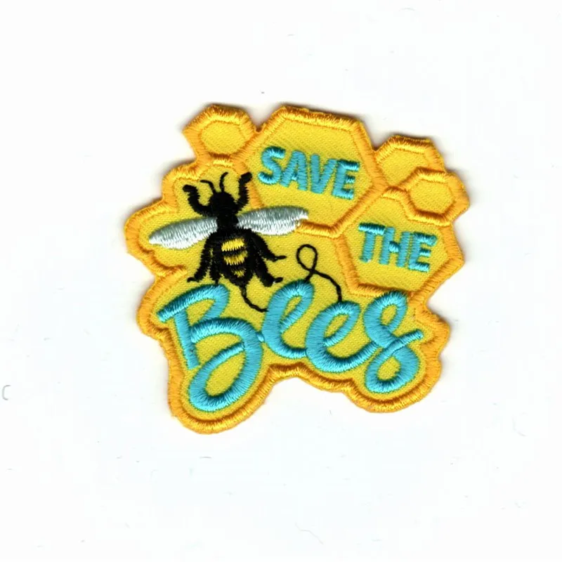 

Custom embroidery patches 75% embroidery area yellow twill hot cut border save the bees emblem iron on patch for cloth jacket