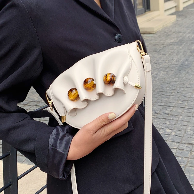 

Fold Saddle Bag Small PU Leather Shoulder Bags For Women 2021 Summer Handbags Female Bead Design Travel Crossbody Bag