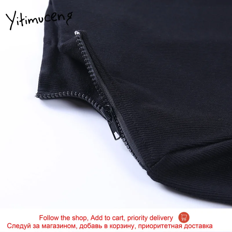 

Yitimuceng Zippers Side Split Dress Sexy Pencil Black Autumn 2021 O-Neck Long Sleeve Patchwork Lady Dresses Cotton Simple New