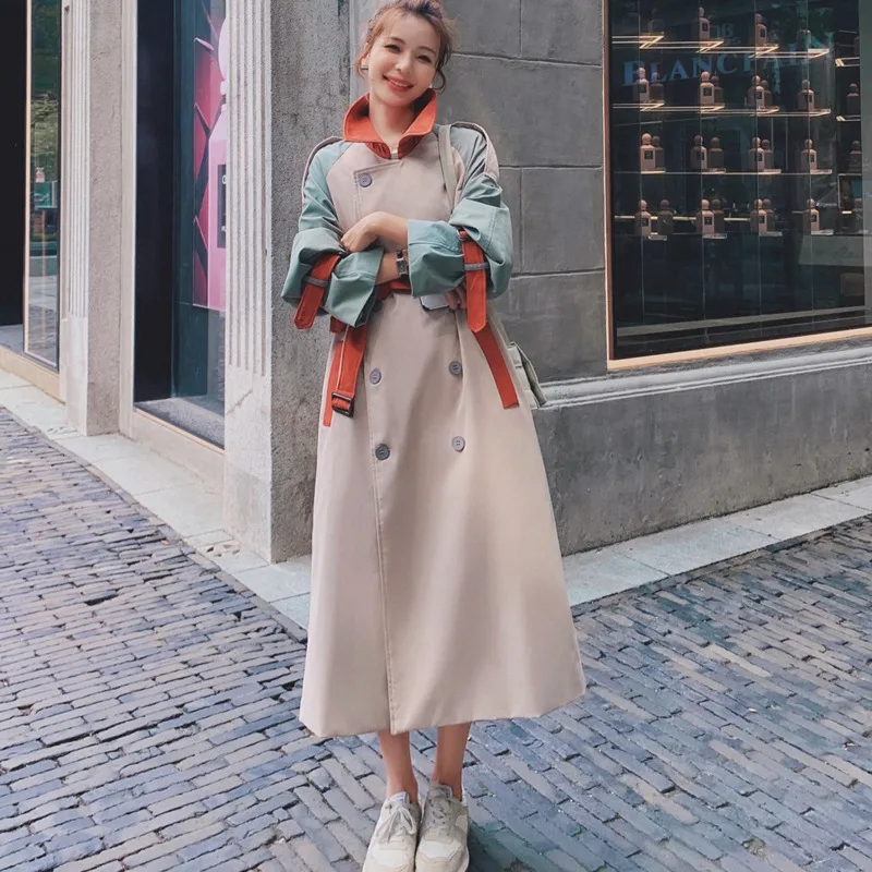 

2020 Autumn Patchwork Contrast Color Fashion Trench Famale Double-breasted Mid-length Windbreaker Coat for Women