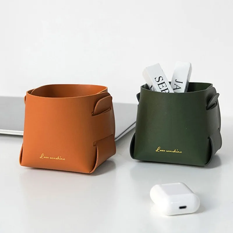 

Leather Porch Key Storage Box Folding Desktop Cosmetic Organizer Jewelry Brush Ins Storage Stationery Sundries Storage Basket