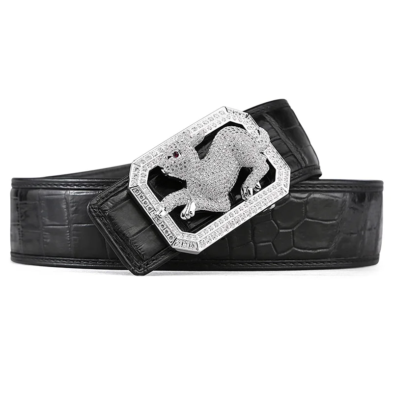 rabbit black McParko Crocodile Belt Mens Leather Belts With Buckle Luxury Animal Design Genuine Leather Waist Belt with rhinestones Buckle - Цвет: rabbit black