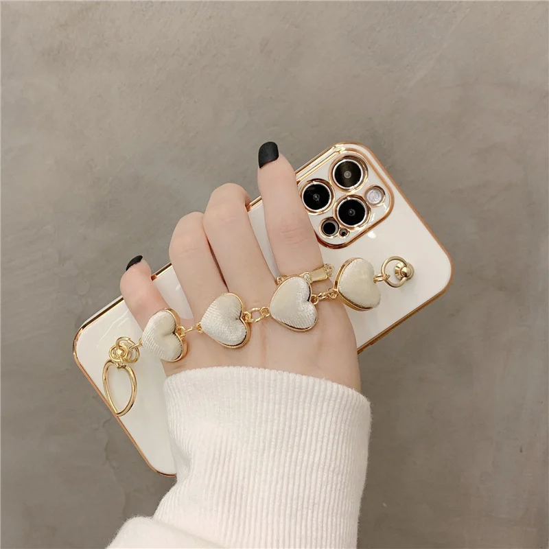 Heart plush Fabric Bracelet Hand Holder Electroplated case For iphone 12 12Pro Max 11 11Pro X XR Xs max 7 8Plus Protective case
