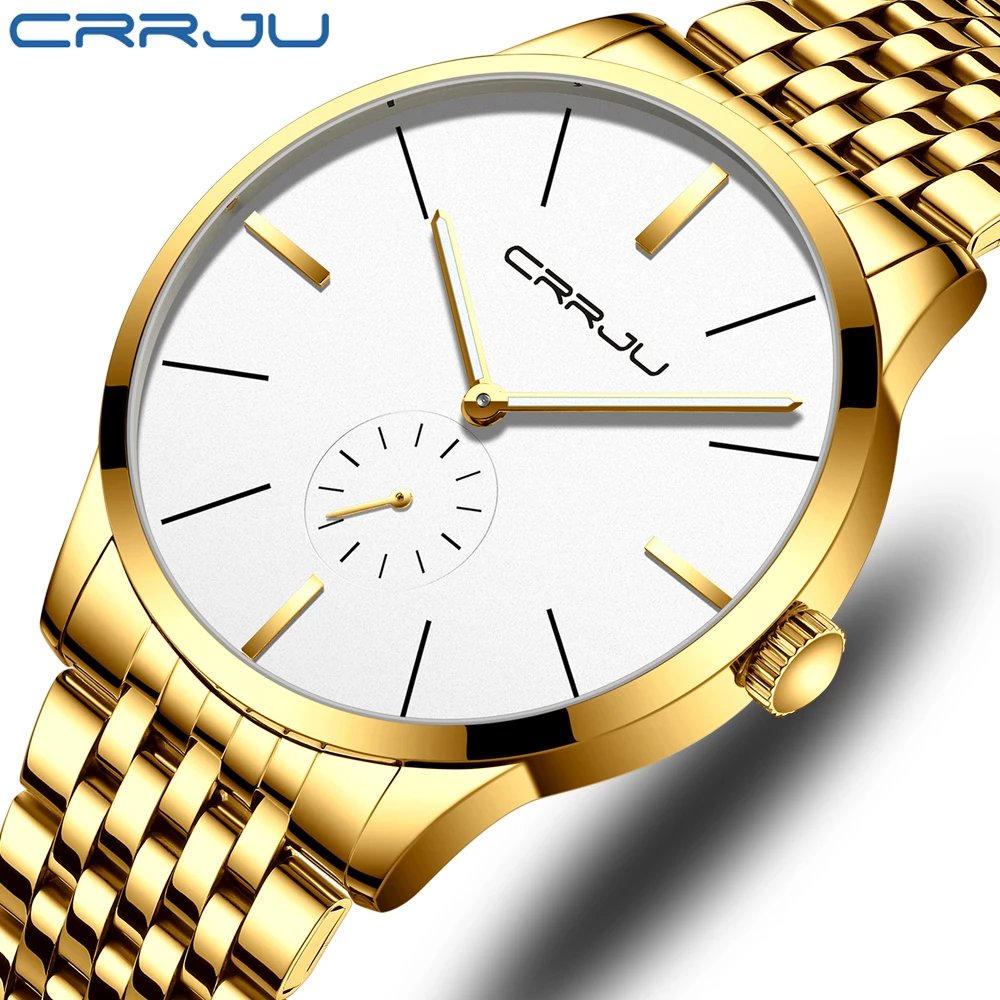 

Часы CRRJU Мужские Спортивные кварцевые, модные деловые брендовые Роскошные водонепроницаемые полностью стальные золотистые