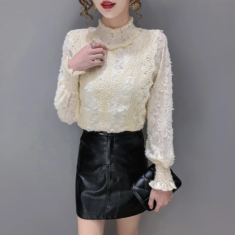 

Fashion women's lace shirt 2020 autumn and winter new thick temperament half high neck lace lace bottoming shirt