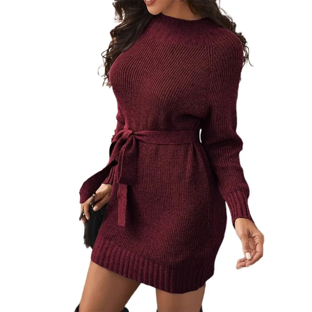 

Ribbed Cuff Long Sleeve Sweater Dress Women Autumn Winter Solid Color Belt Sweater Mini Dress Knitwear Elegant dresses for women