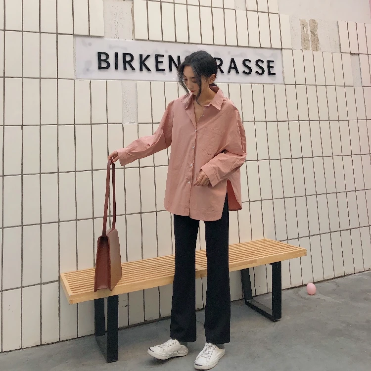 

2020 Spring Autumn Women Shirts White Plain Loose Oversized Blouses Female Tops Loose BF Korean Style Blusas Pockets 893B